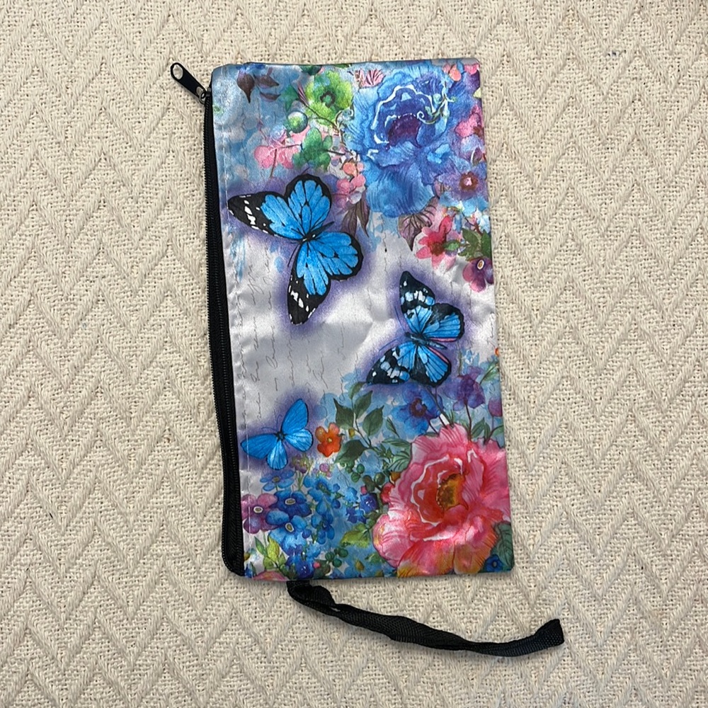 Floral Butterfly Blue Pink Makeup Bag * NEW w/o tags